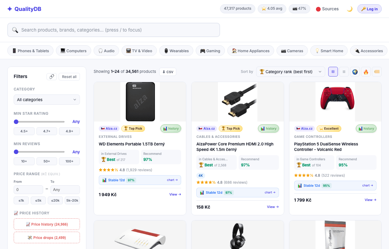 QualityDB — přehled produktů s filtry a hodnoceními